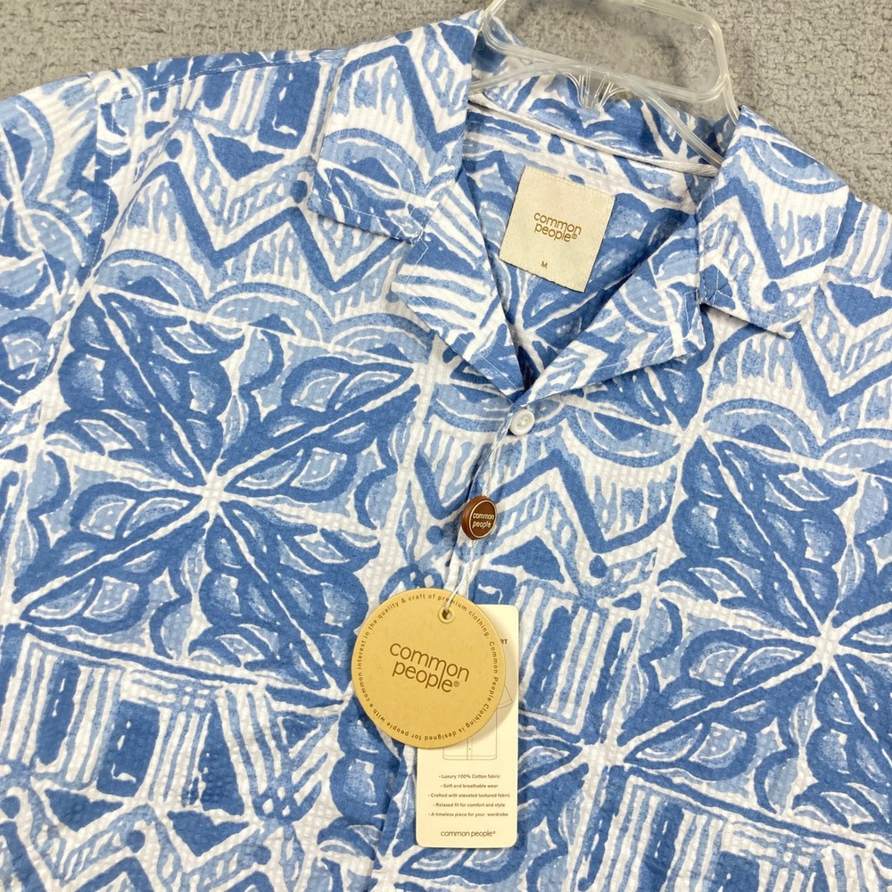 Common People Button Up Shirt Men Med NEW Blue White Block Print Beach Cotton